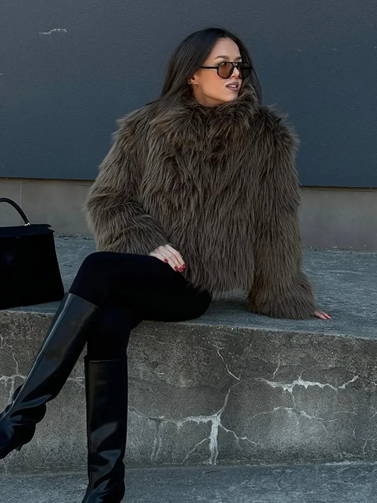 Retro High Collar Long Sleeved Faux Fur Coat Women Winter Warm Solid Fury Jacket Fashion Females Street Outerwear 241211