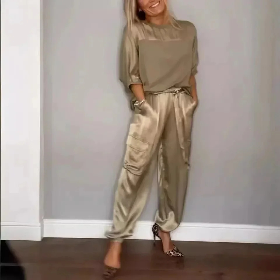 Autumn Elegant Womens Smooth Satin Set Street Scenery Smooth Satin Half Sleeve Shirt Casual Pants Sports Two Piece Set 241214
