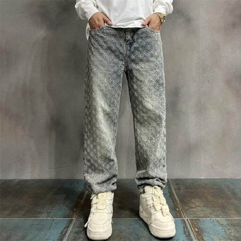 Jacquard All Over High Street Mens 2024 New Straight Lift Pattern Loose Wide Leg Casual Boyfriend Jeans Pants Tide