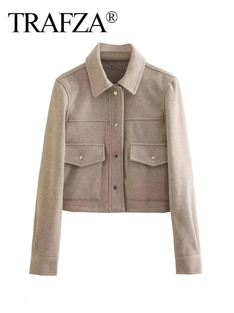 TRAFZA Autumn/Winter Womens Street Fashion Solid Jacket with Pocket Button Hem Collar Elegant Coat 241214