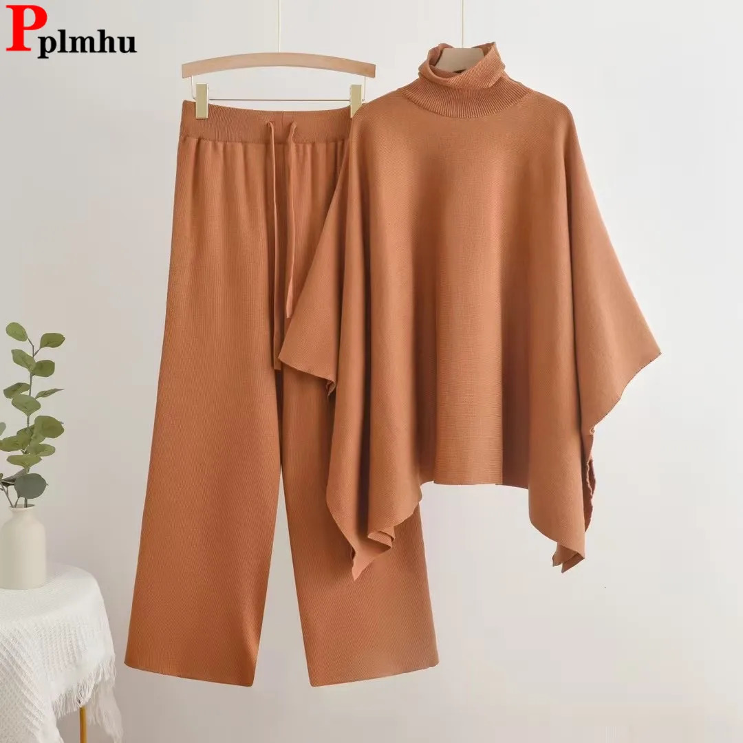 Elegant Knitted 2 Piece Sets Women Turtleneck Long Sleeve Knitwears Sweater Conjuntos Casual High Waist Sweatpants Outfit 241209