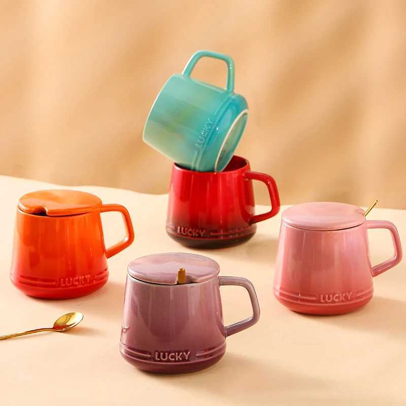 350ml French gradient ceramic creative home cup with lid spoon coffee cup large capacity couple beverage cup Y241214