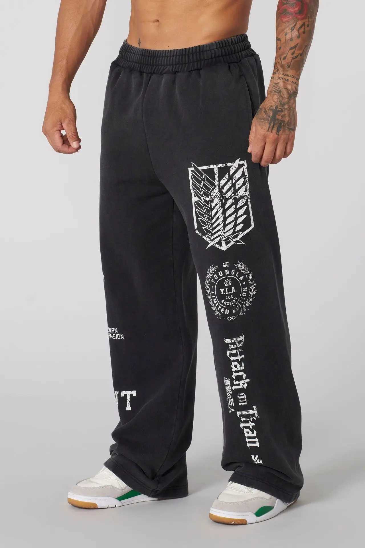 Young American trendy sweatpants collaboration anime joggers cotton terry print wide-leg casual pants hip-hop street pants X2503195