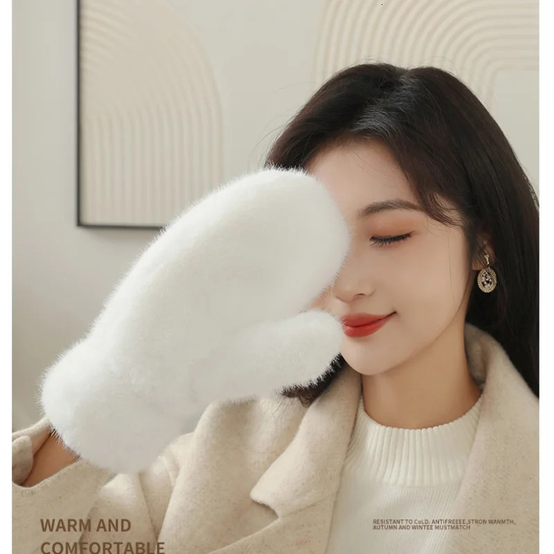 Womens Winter Gloves Thick Warm Plus Cashmere Soft Full Finger Windproof Plush Rabbit like Fur 241212