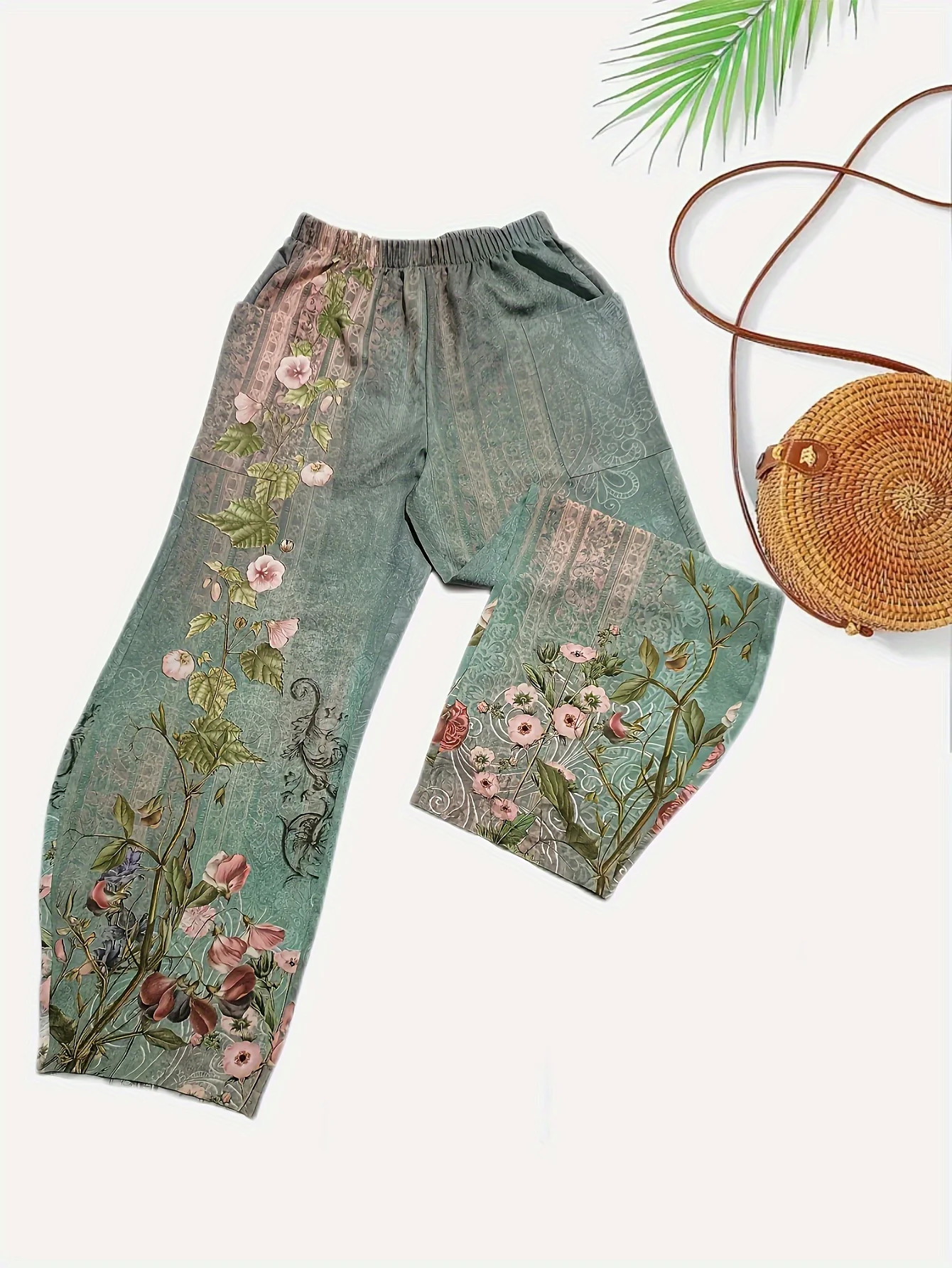 Ladies Diagonal Pocket Wide Leg Pants For Daily Casual And Elegant Floral Fashion Printed Loose Womens Clothing 241212