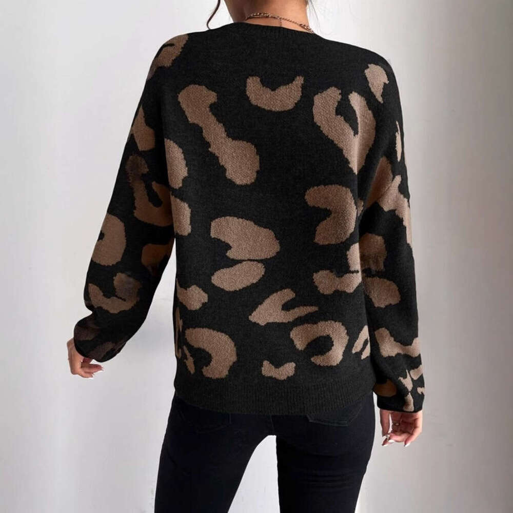 Classic Leopard Print Sweater For Autumn Winter In European And American Foreign Trade, Women's Fashion Temperament Pullover Round Neck Knitted T