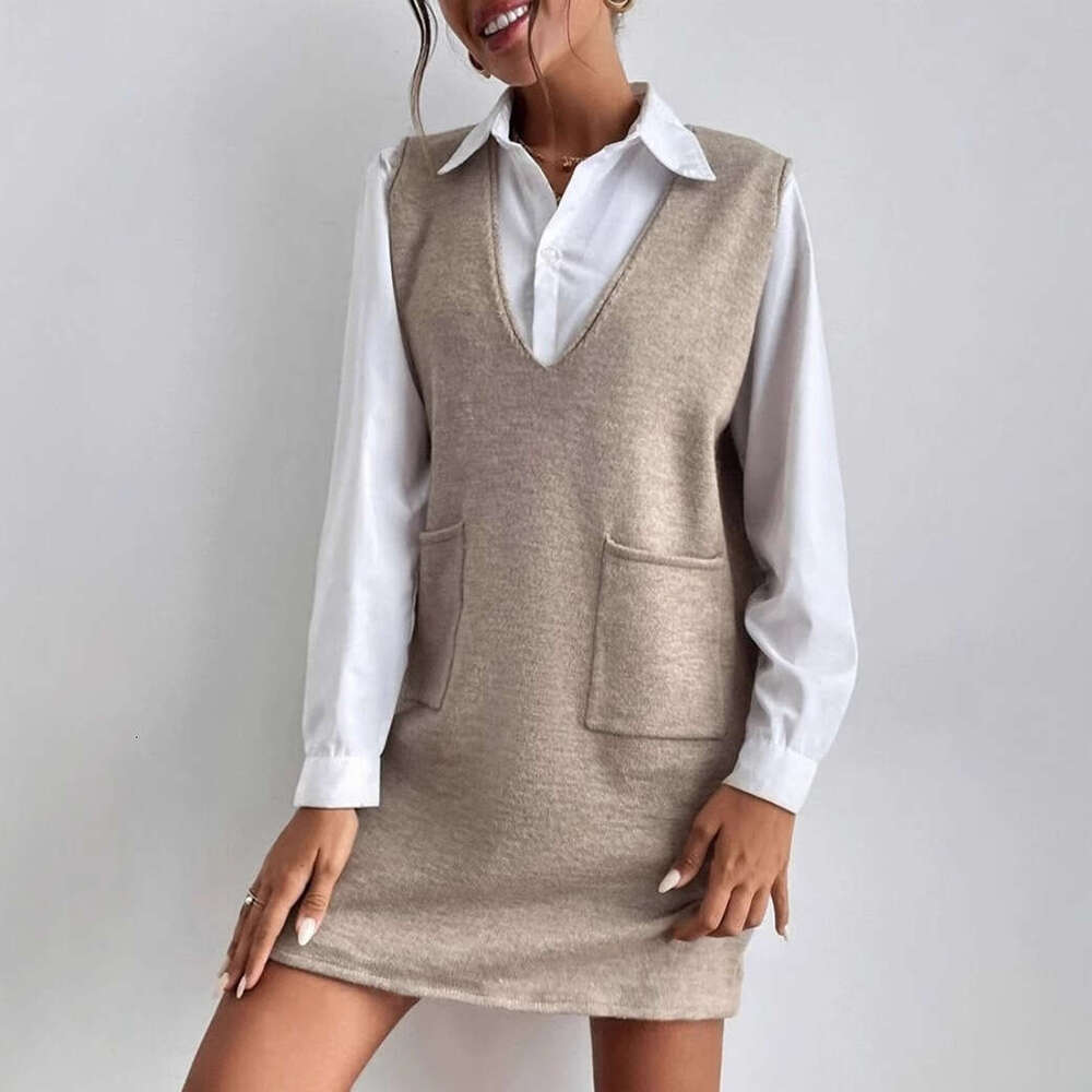 European And American Autumn Women's Long Double-Sided Vest Skirt Solid Color Sleeveless Dress Fashionable Quality Classic