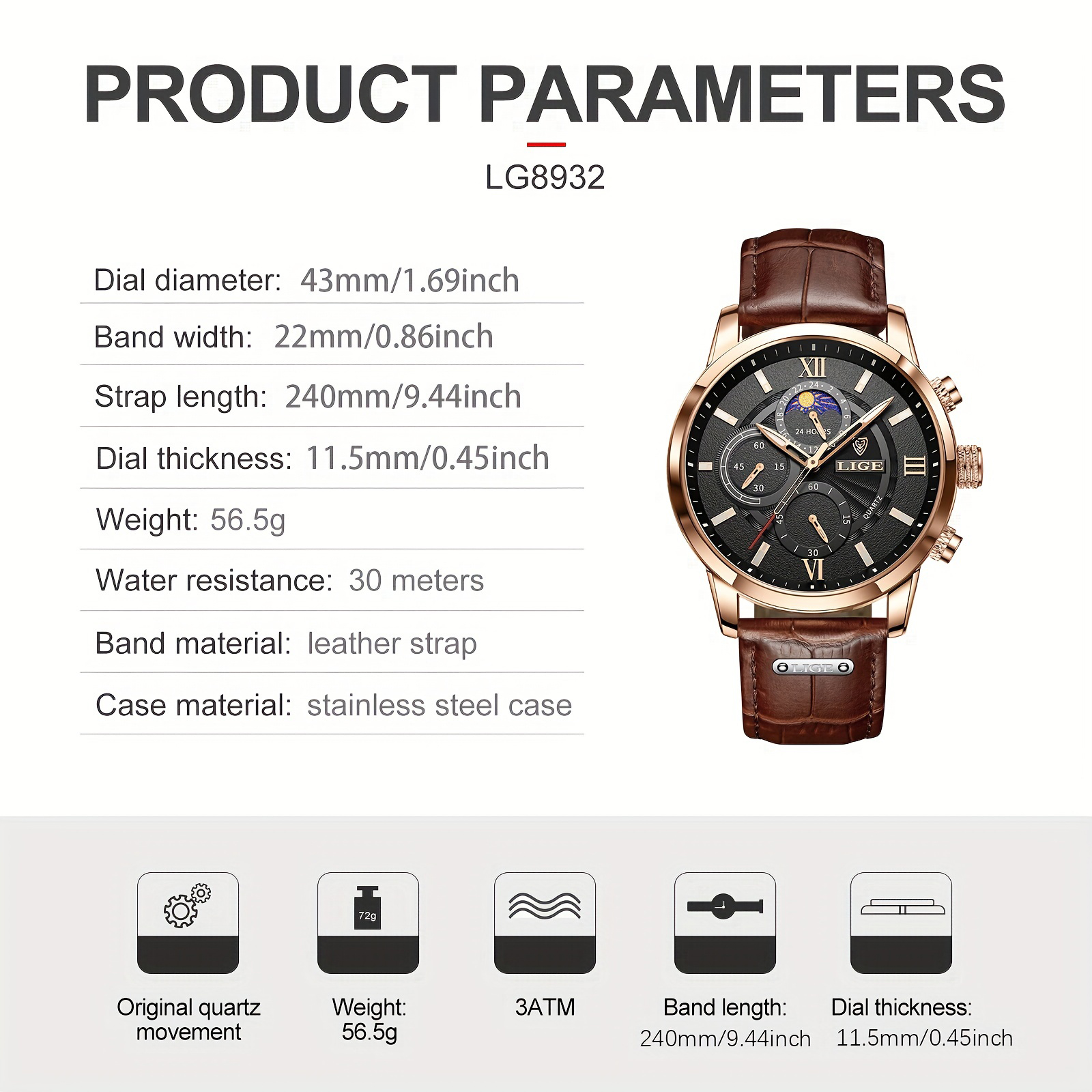LIGE Men's Quartz Watch Business Luxury Brand watch Multi-functional waterproof watch Men's watch Youth Clock Holiday