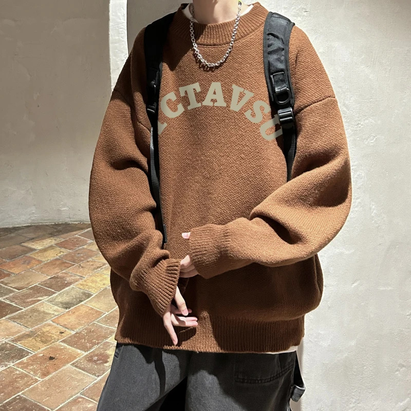 Men's Cozy Japanese Style Letter Knit Sweater - Long Sleeve Pullover For Autumn & Winter