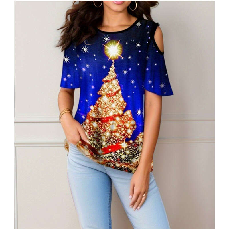 Summer Hot Selg Popular Christmas Tree Printed Round Neck Loose Short sleeved T-shirt 2024 Versatile New Trendy Clothing Ins