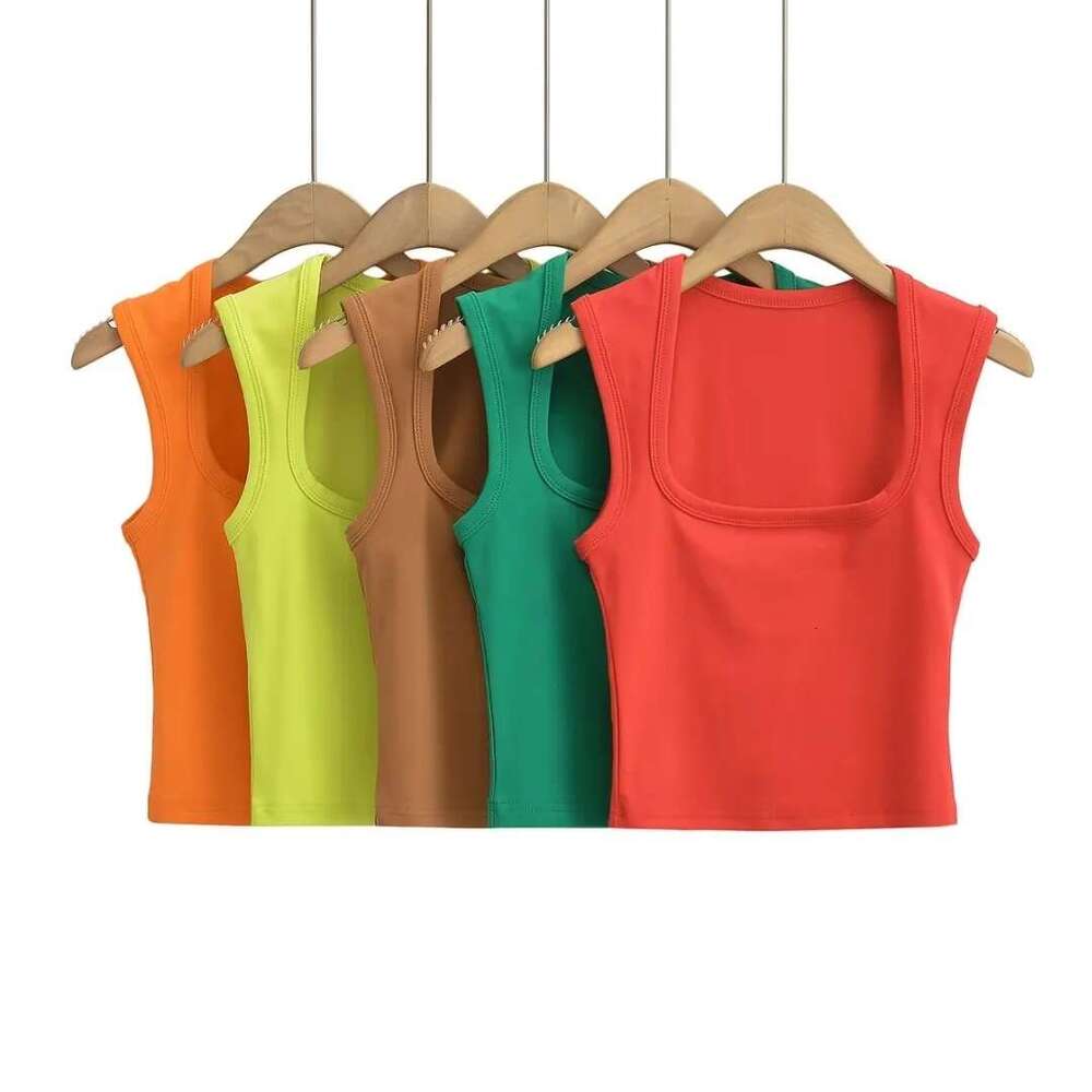 European and American INS summer sexy slim fit deep square neck vest women's short exposed navel tight solid color sleeveless top small T trend 2