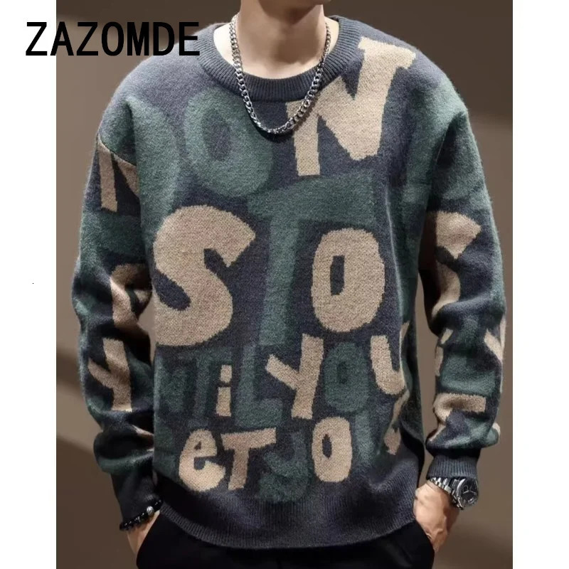 Vintage Letter Knit Sweater Men - Autumn Korean Casual O-Neck Top, Large Size, Sweetwear For Couples, Fashion