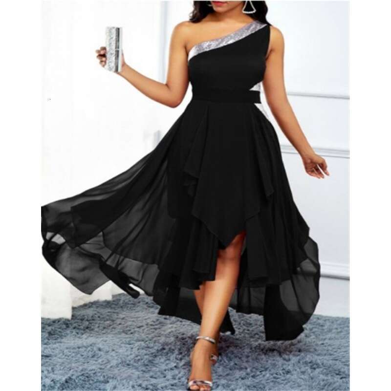 Summer European and American Single Asymmetric Hem Slant Shoulder Dress 2024 New Casual Versatile Fashion Clothing