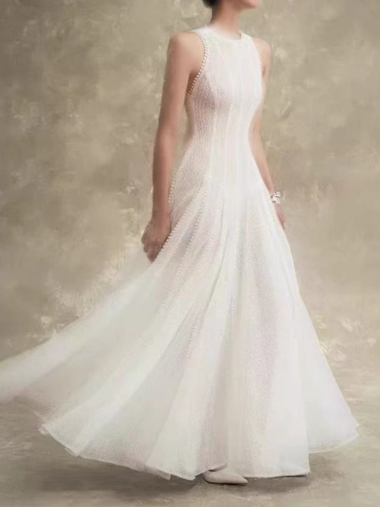 Vintage Sleeveless Dress Temperament Chic O Neck Lace Waist Cinching Elegant Women's Dresses 2025 New Spring Summer 23C2956