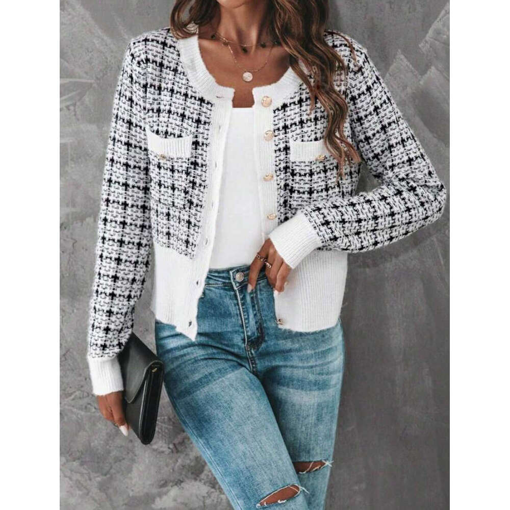 European And American Checkered Pattern Clothes, Autumn Women's Front Button Cardigan, Fashionable Quality, Classic