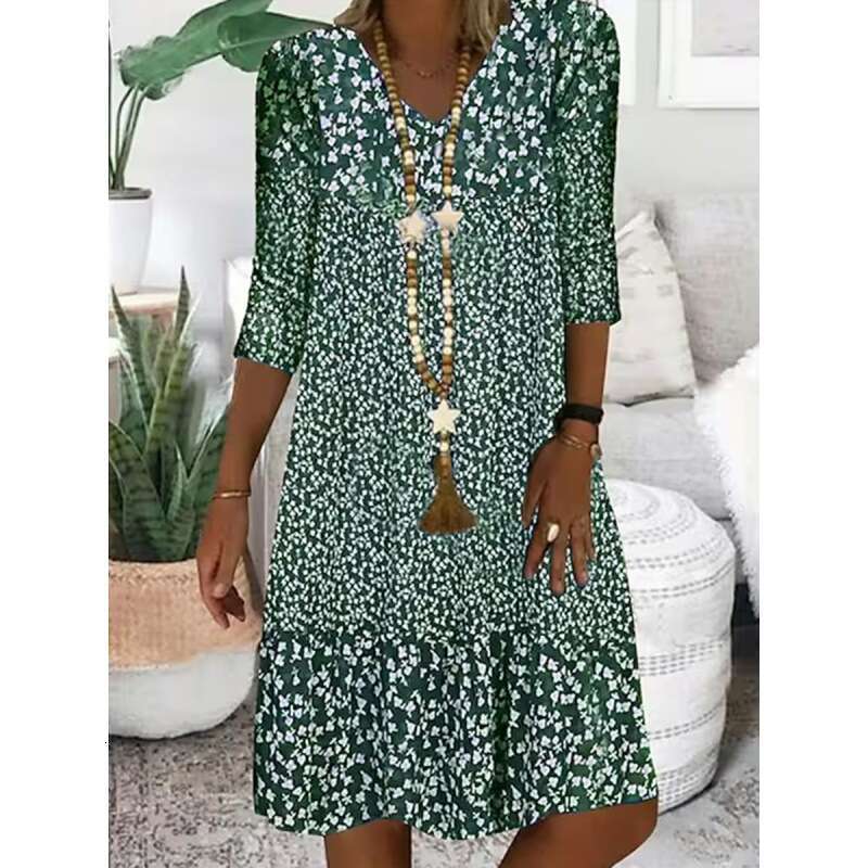 Summer Printed Mid Sleeve V-neck Medium Length Dress for Women 2024 New Casual Versatile Fashion Clothing