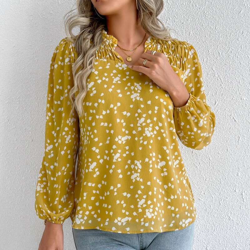 European And American Spring/Summer New Women's Commuting Top V-Neck Long Sleeved Polka Dot Printed Pleated Shirt