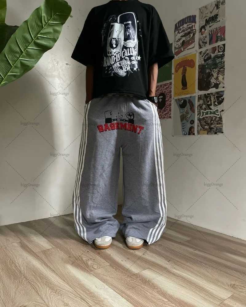 Y2K Harajuku Streetwear American Hip-hop Retro Striped Sweatpants Punk Style Letters Anime Print Baggy Straight Wide Leg Pants X241216