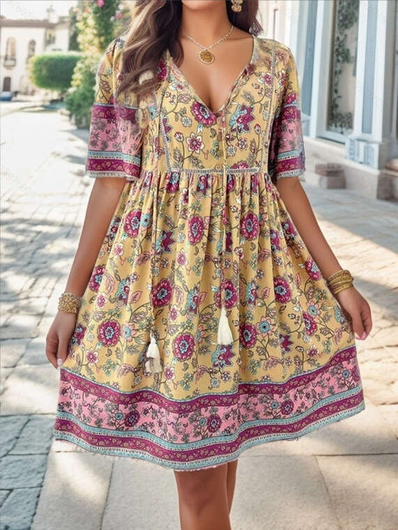 European and American women's Shein spring/summer leisure vacation printed short sleeved dress 2024 temperament versatile new trend clothing ins