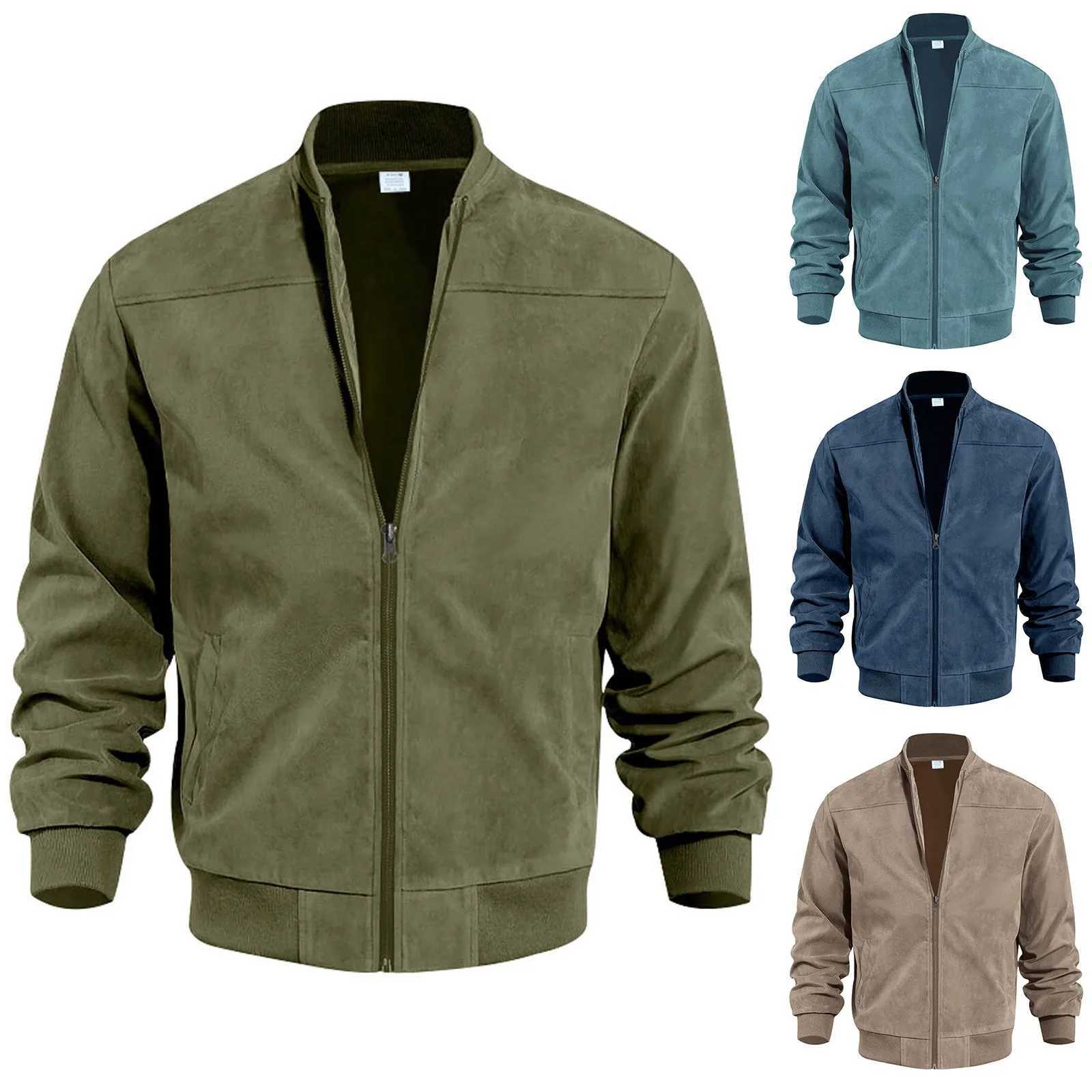 Mens Retro Suede Bomber Leather Jacket Autumn Winter Streetwear Long Sleeve Full Zip Coat Outerwears Windproof Baseball Jackets W250320