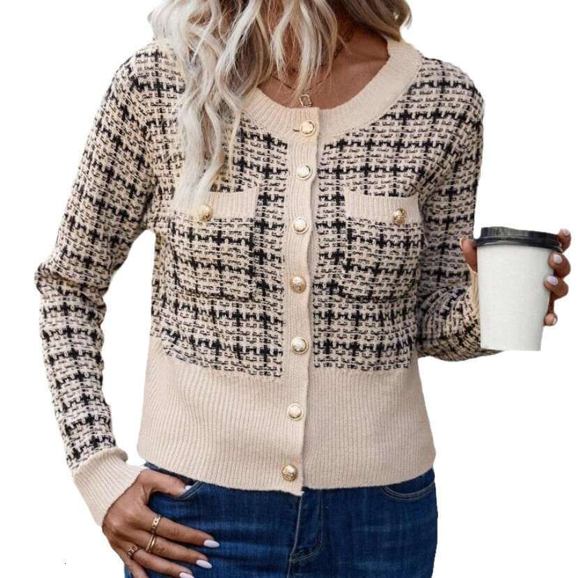 European And American Checkered Pattern Clothes, Autumn Women's Front Button Cardigan, Fashionable Quality, Classic