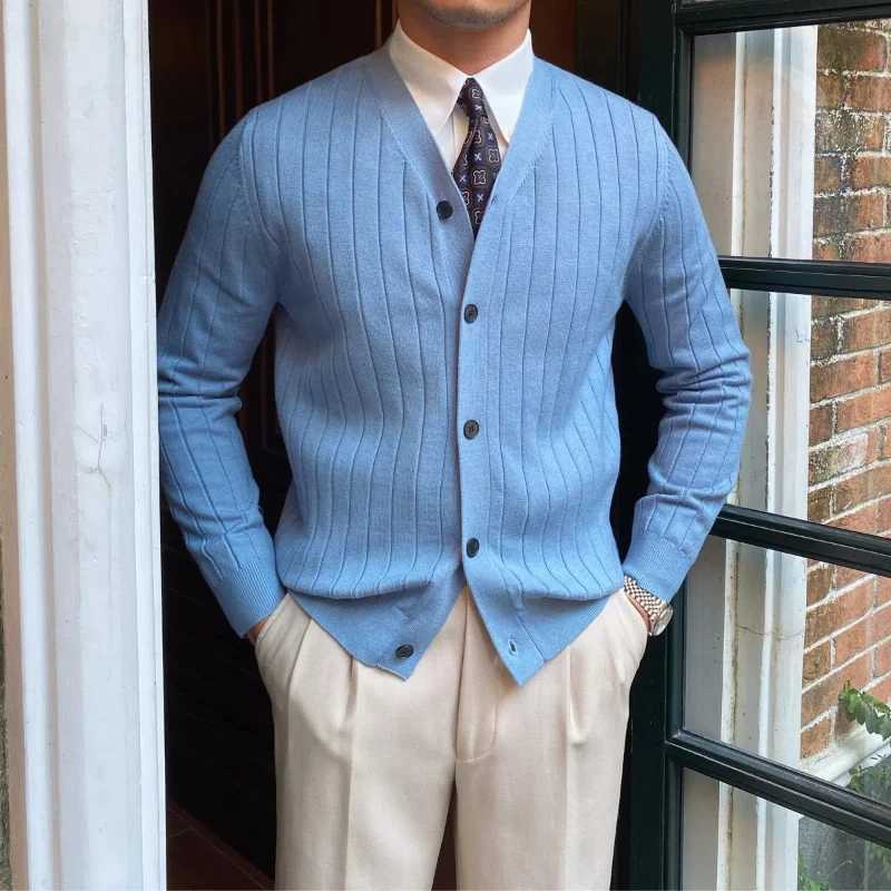 Japan Style Trend Autumn Cardigan Sweaters Men Clothing V-Neck Solid Button Business Casual Office Long Sleeve Slim Knitted Tops XJ250805