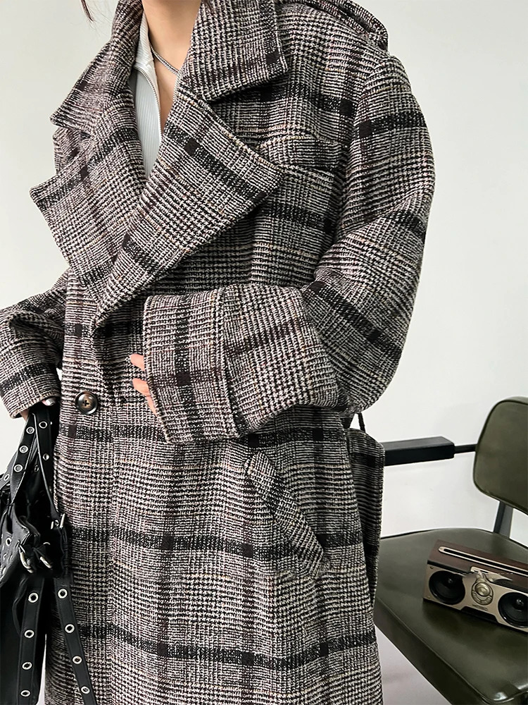 Yermora brown striped plain thick wool coat womens lapel long sleeved retro jacket fashion trend autumn 2024 item 241209