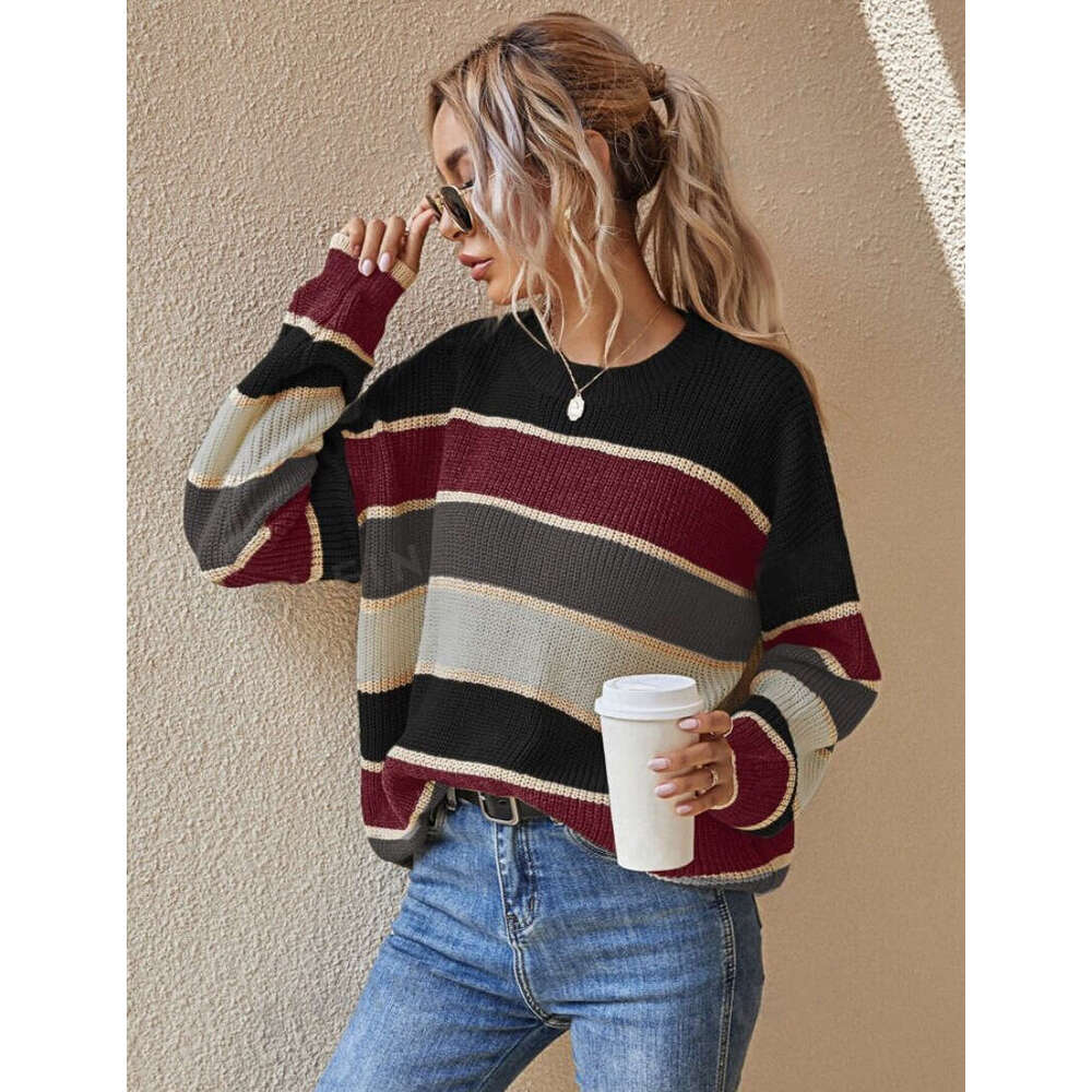 European American Foreign Trade And Winter Round Neck Sweater Women's Lazy Loose Classic Striped Long Sleeved Clothes Autumn Women