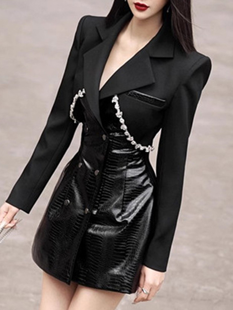 Streetwear Black Dia Patchwork Notched PU Leather Blazer Fashion Slim Fit Mid Long Suit Jacket Autumn New Tide