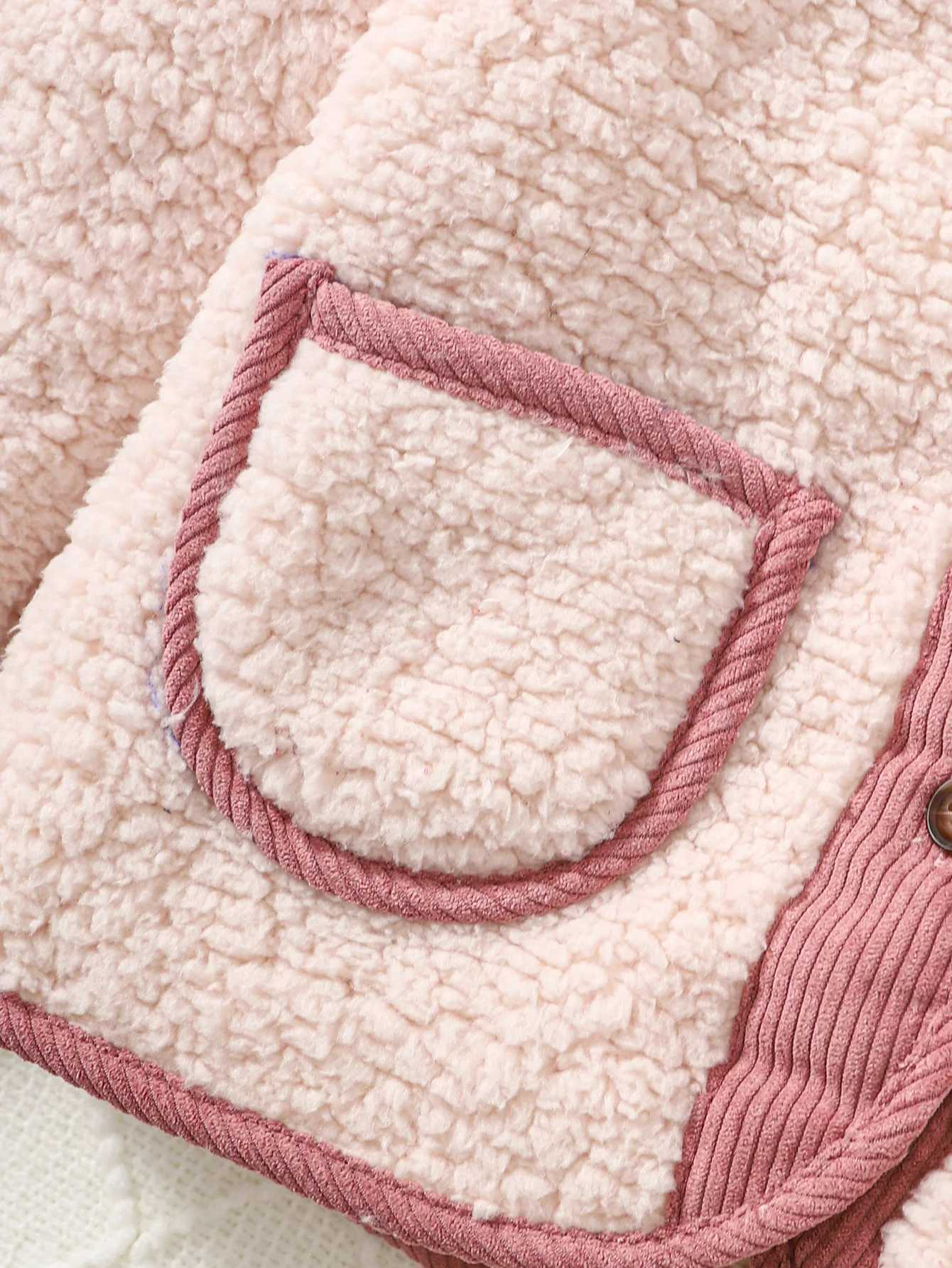 Girls Spring and Autumn Pink Plush Button Coat with Pockets Suitable for 8-14Y ChildrenXJ241214