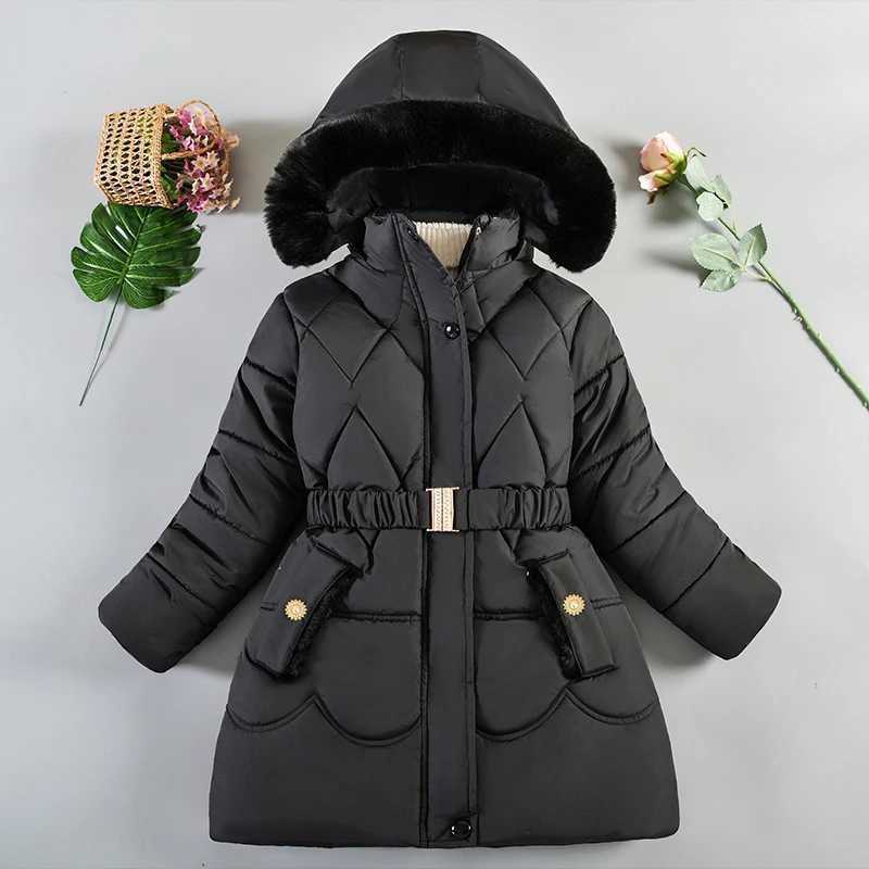 New Winter Keep Warm Girls Jacket Thick Solid Color Fur Collar Hooded Parkas Coat For 4-10 Years Kids Children Outdoor OuterwearXJ241214