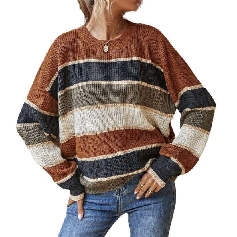 European American Foreign Trade And Winter Round Neck Sweater Women's Lazy Loose Classic Striped Long Sleeved Clothes Autumn Women