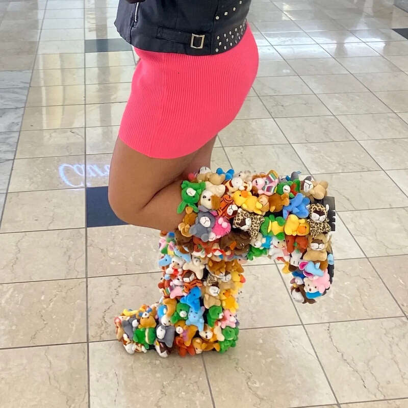 Teddy Covered In Stuffed Animals Winter Snow Women Fluffy Middle Calf Platform Flat With Cute White Boots