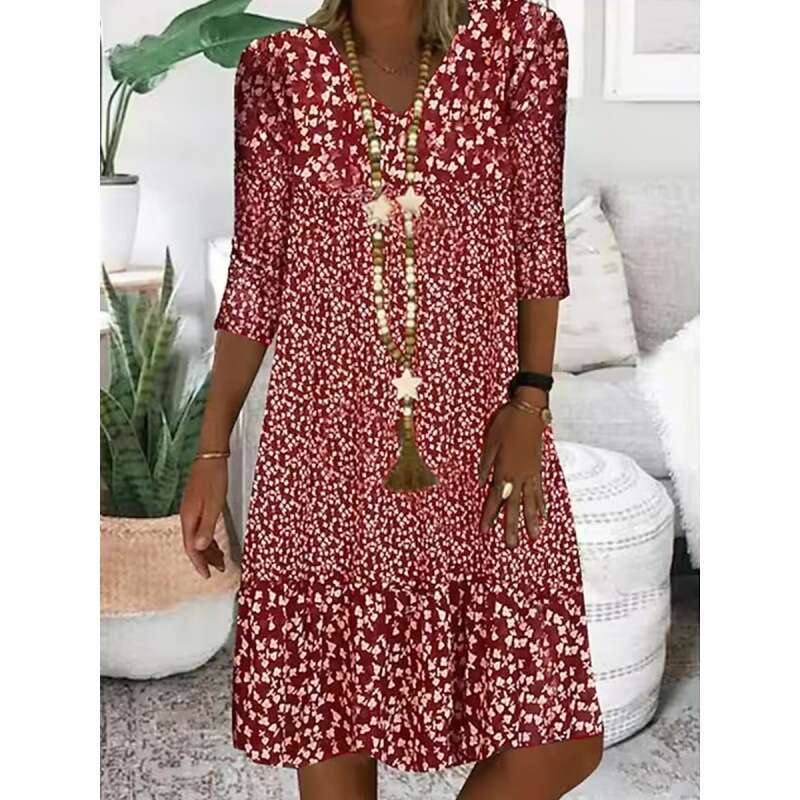 Summer Printed Mid Sleeve V-neck Medium Length Dress for Women 2024 New Casual Versatile Fashion Clothing