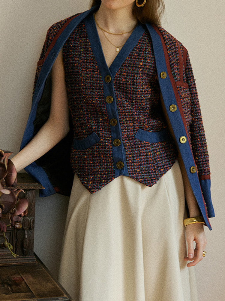 Vintage Women's Tweed V-Neck Loose All Match Jacket Vest Elegant Two-Piece Set Spring Autumn 3A9936