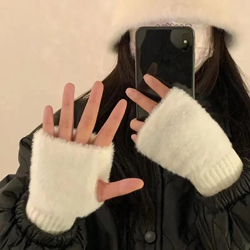 Womens mink half finger gloves for winter warmth pure color plush knitted fingerless 241212