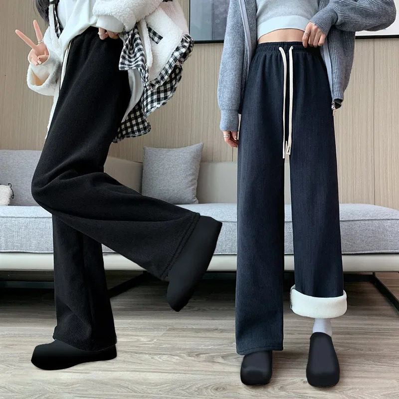 Warm and Thick Corduroy Mens Winter Straight Pants Wide Leg Sports Plush High Waist Casual Womens 241212