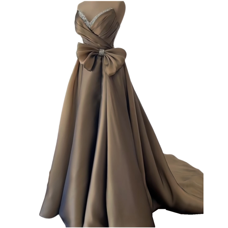 Elegant Chocolate Evening Dresses With Bow Front Beaded Satin A line Formal Occasion Dress Sleeveless Sweetheart Long Prom Gown For Women 2025