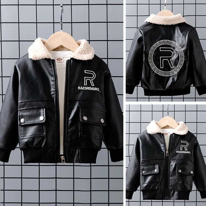 2024 New pattern Boys Coats Autumn Winter Fashion Korean Childrens lapel Plus Velvet Warming Cotton PU Leather Jacket For 2-12YXJ241214