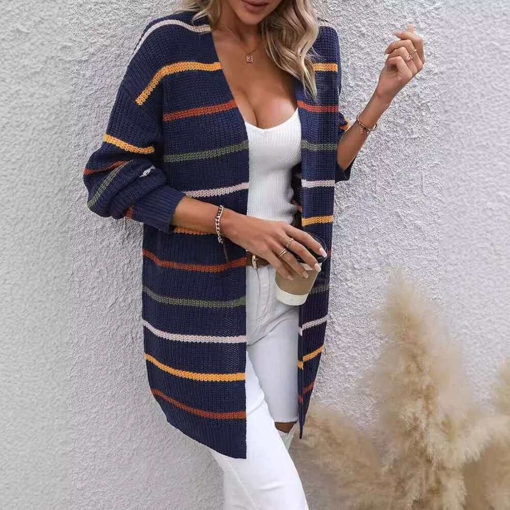 European American Clothing Women's Long Sleeved Horizontal Striped Cardigan Jacket Spring And Autumn Winter New Style