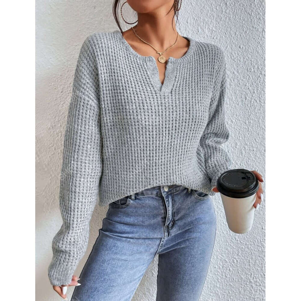 European American Solid Color Long Sleeved Clothes For Autumn Women, Comfortable And Casual V-Neck Pullover