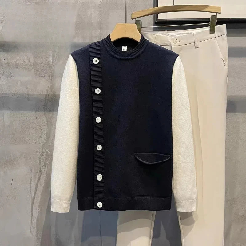 Autumn Winter Mens Clothing Long Sleeve Button Round Neck Contrast Color Pullover Sweater Knitted Casual Boyfriend Retro Tops 241216