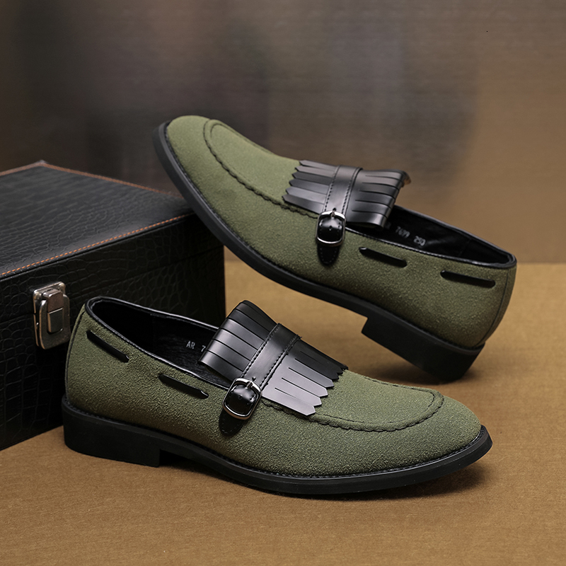 Fashion Men Tassel Dress Army Green Wedding Pointed Toe Party Shoes Big Size 48 47 Man Loafers Slip On Oxfords