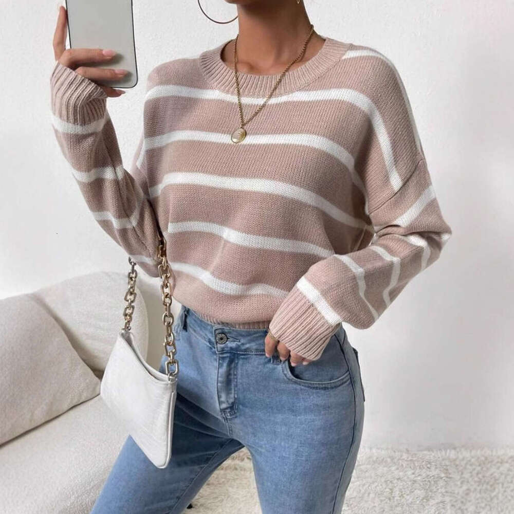 European And American Round Neck Pullover, Long Sleeved Knitted Sweater, Striped Casual Autumn Clothes, Women's Fashion Quality, Classic
