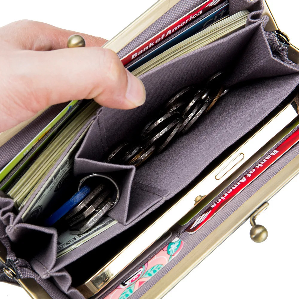 Kisslock womens wallet genuine leather womens wallet long clutch bag Laides long clip cow leather mobile phone wallet 241212