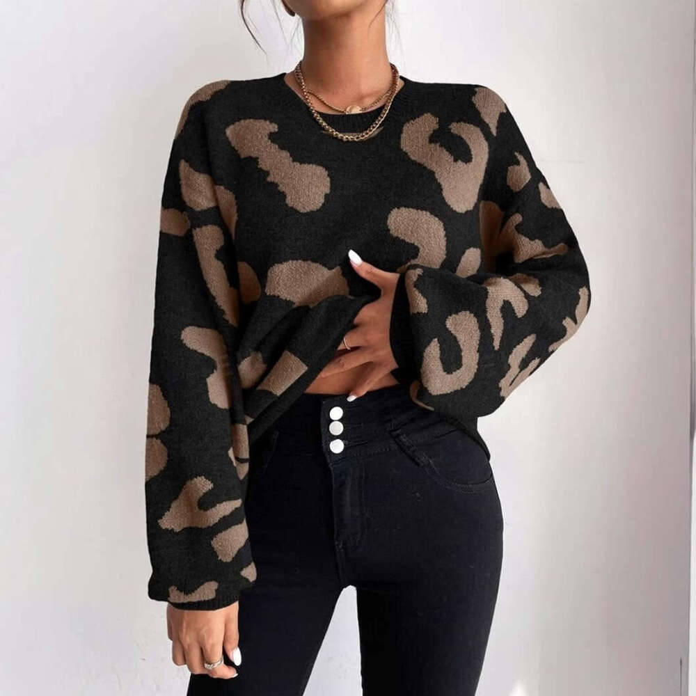 Classic Leopard Print Sweater For Autumn Winter In European And American Foreign Trade, Women's Fashion Temperament Pullover Round Neck Knitted T