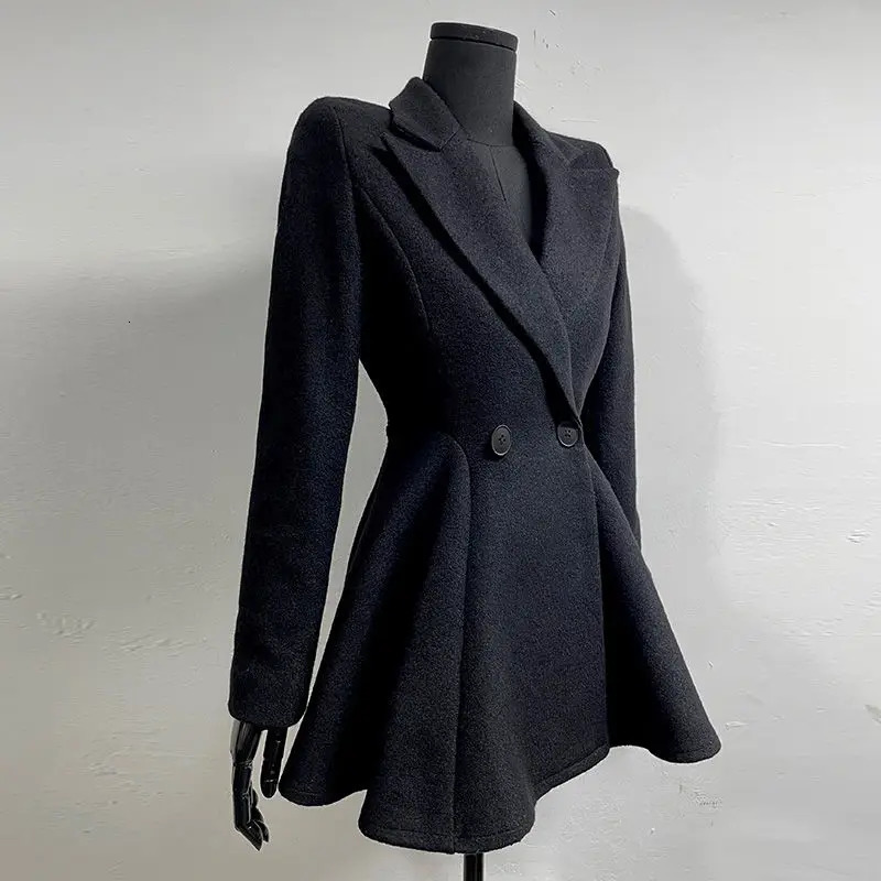 French Style Waist Slimming Woolen Suit Korean Fashion Slim Fit Black Mid Length Woolen Suit Coat Women Clothing 241214
