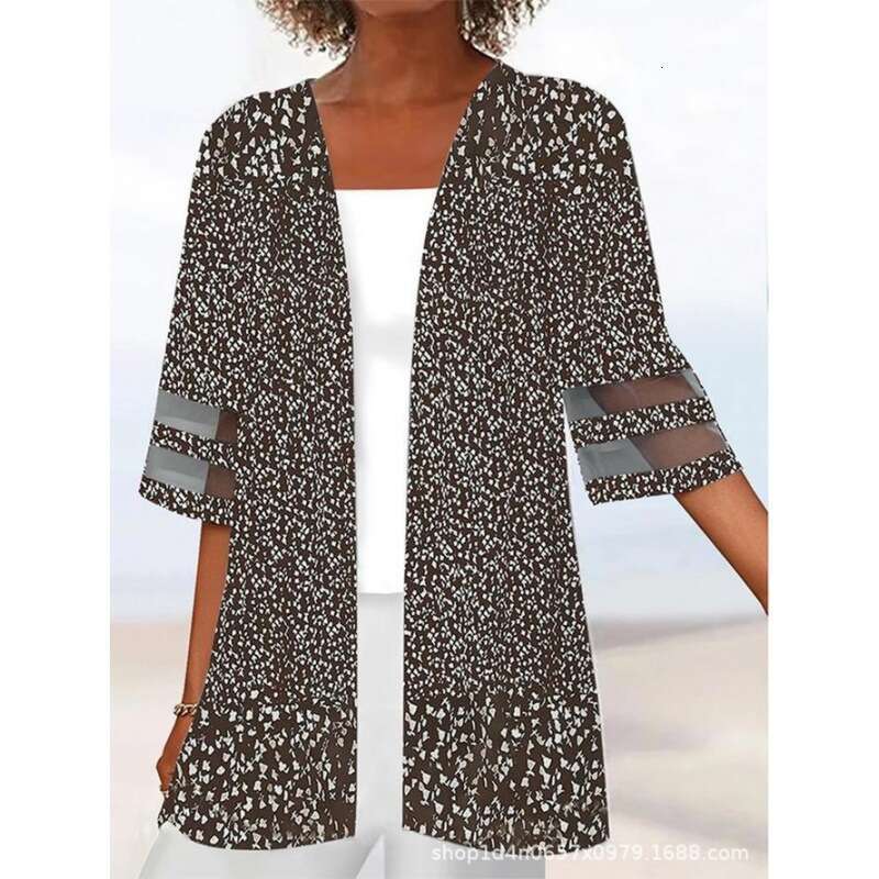 European American Women's Spring and Summer Positioning Printed Mid Sleeve Loose Hemp Small Outer Coat 2024 New Casual Fashion Trendy Clothing