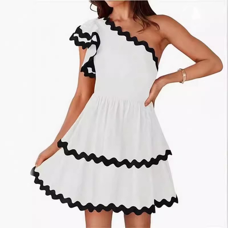 Urban Sexy Dresses One Shoulder Dress Casual Summer Contrast Color Ruffle Party Mini Dress for Cocktail Beach Club Streetwear