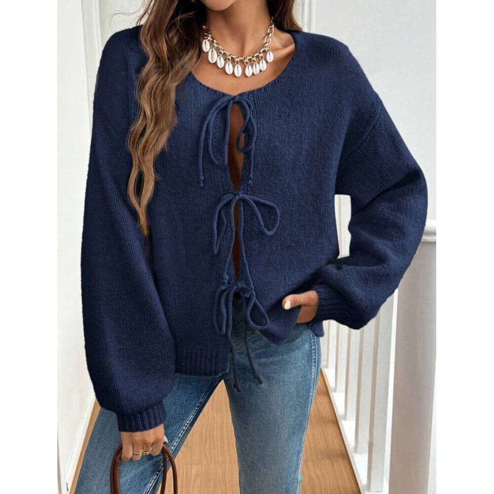 European American And Winter Clothing, Autumn Women's Casual Loose Cardigan, Lace Up Solid Color Sweater